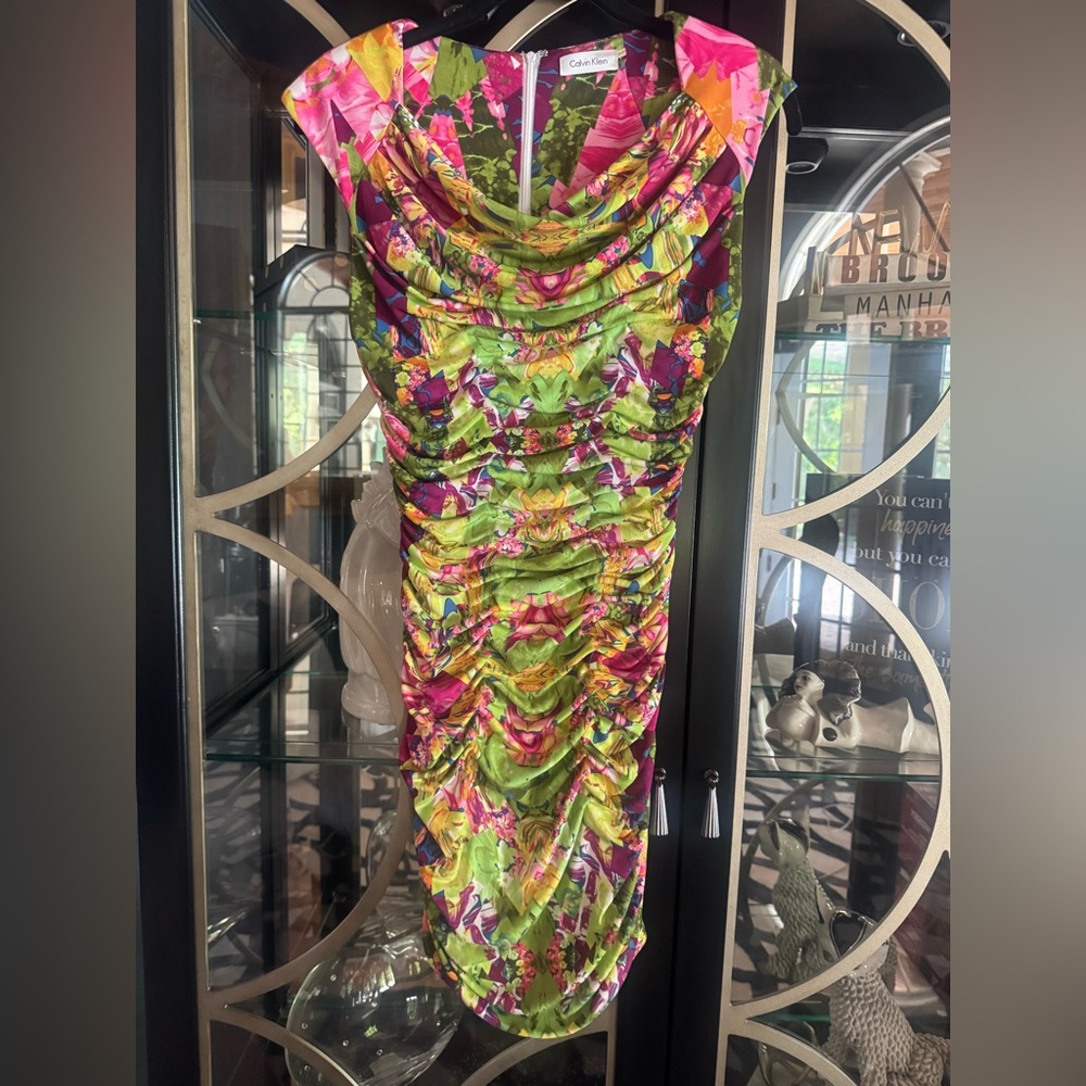 Calvin Klein Yellow and Pink Cowl Neck Bodycon Dress